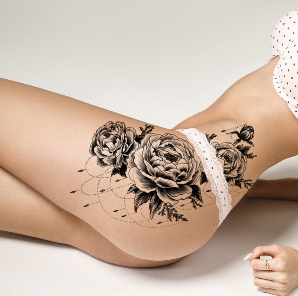 Picture of: Floral sexy temporary tattoos on hips, thighs and sides of the body, rose  line art, temporary tattoos